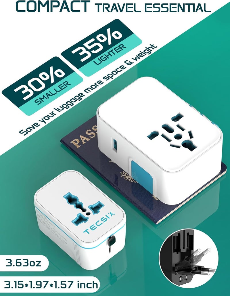 TECSIX Universal Travel Adapter Worldwide, European Travel Plug Adapter with 2 USB C, 2 USB A and Multi AC Outlets, International Power Adaptor for EU US UK AUS 200+ Countries Type A C G I - Image 4